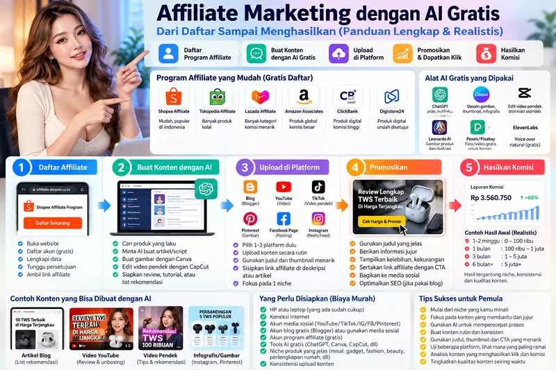 Langkah affiliate marketing dengan AI gratis dari daftar sampai komisi