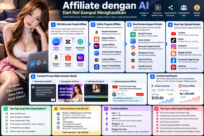 Workflow affiliate dengan AI gratis dari daftar sampai menghasilkan