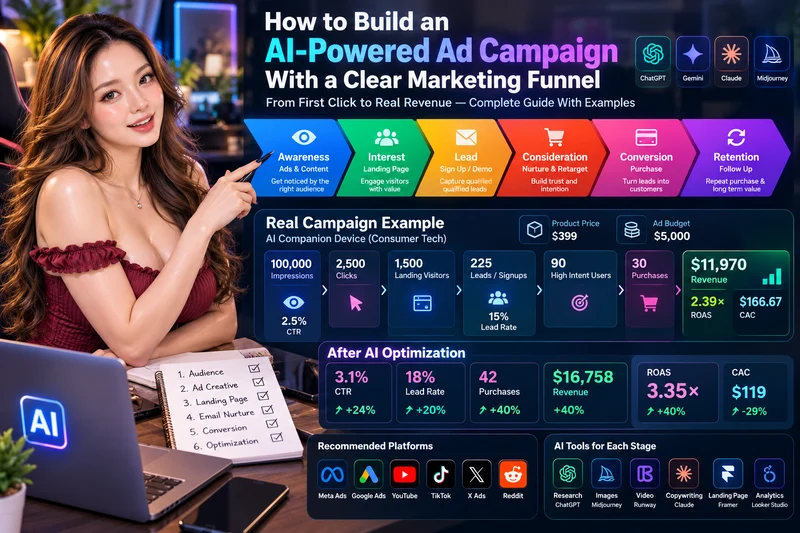 AI ad campaign dashboard with funnel and revenue metrics