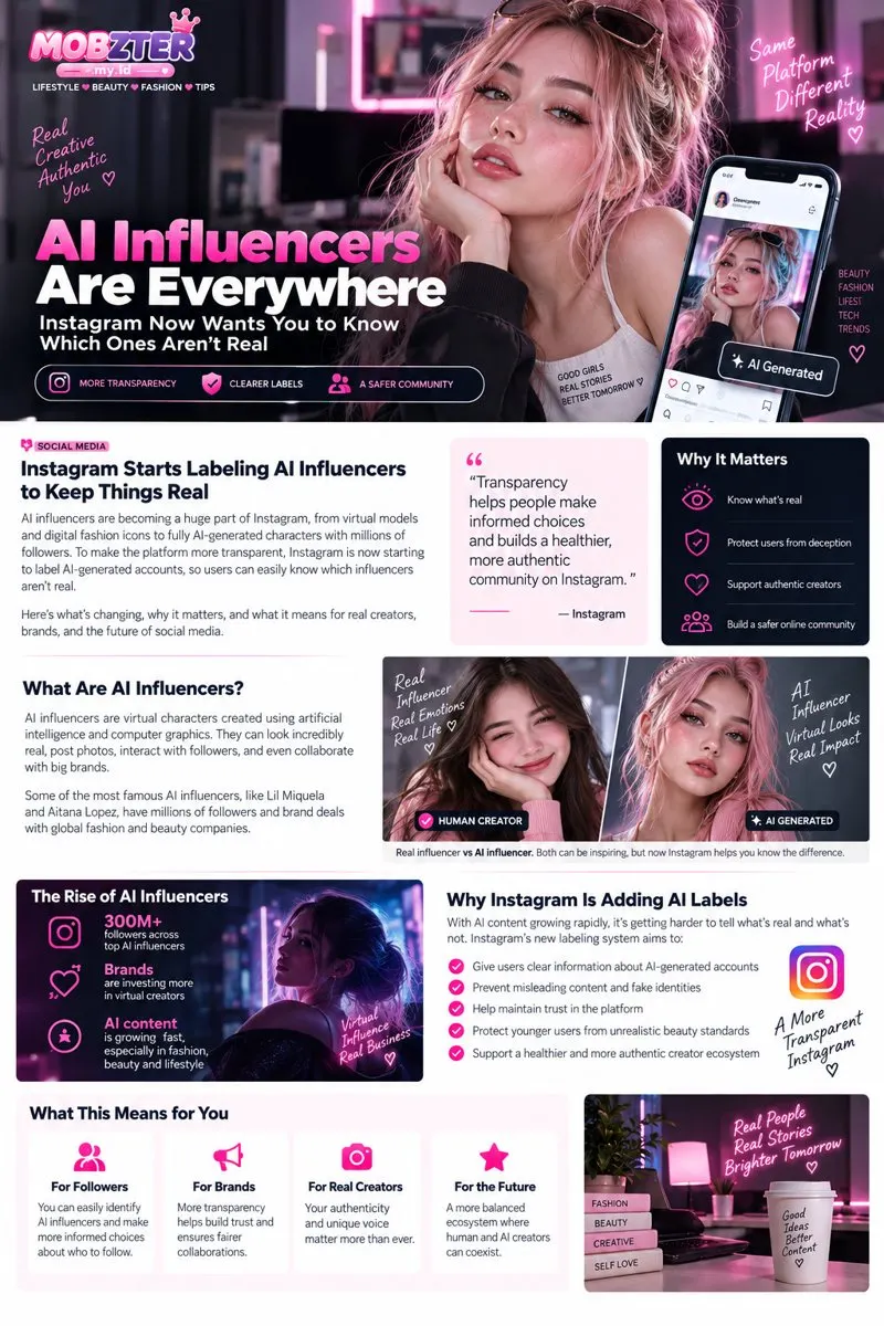 Instagram AI influencer transparency guide comparing human creators and AI-generated profiles