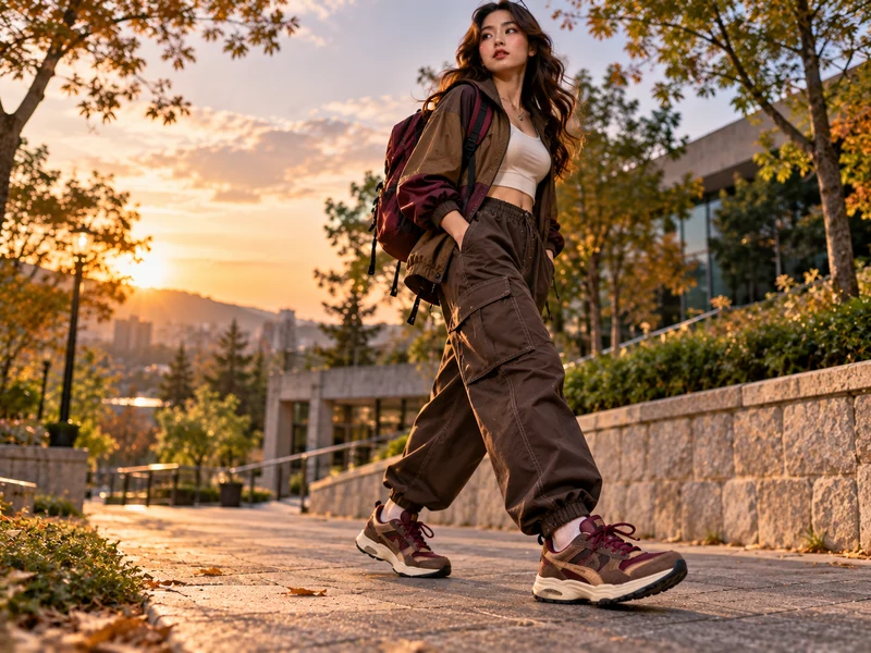 Model wearing earthy burgundy and brown streetwear with outdoor-inspired sneakers