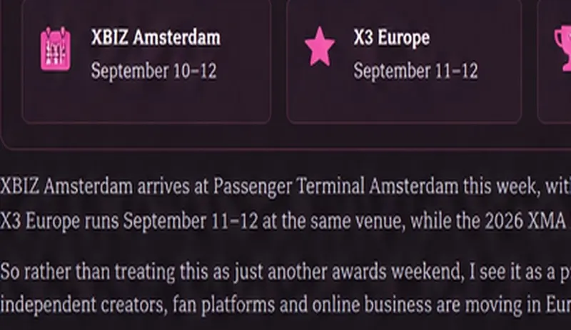 Amsterdam nightlife and creator event atmosphere during XBIZ Amsterdam 2026
