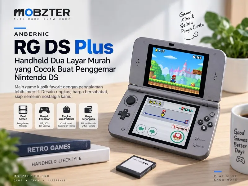 Ilustrasi Anbernic RG DS Plus handheld dua layar
