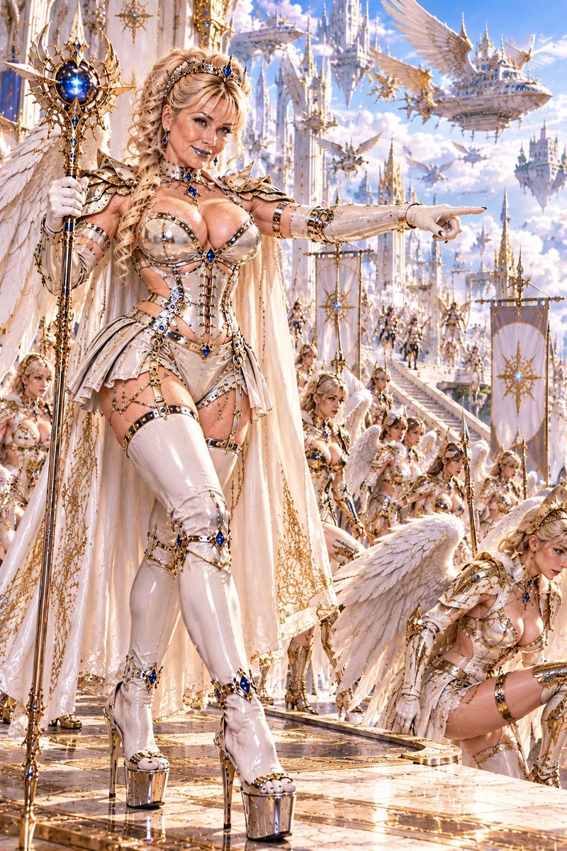 Angel queen directs ranks of winged soldiers preparing to descend from the cloud kingdom