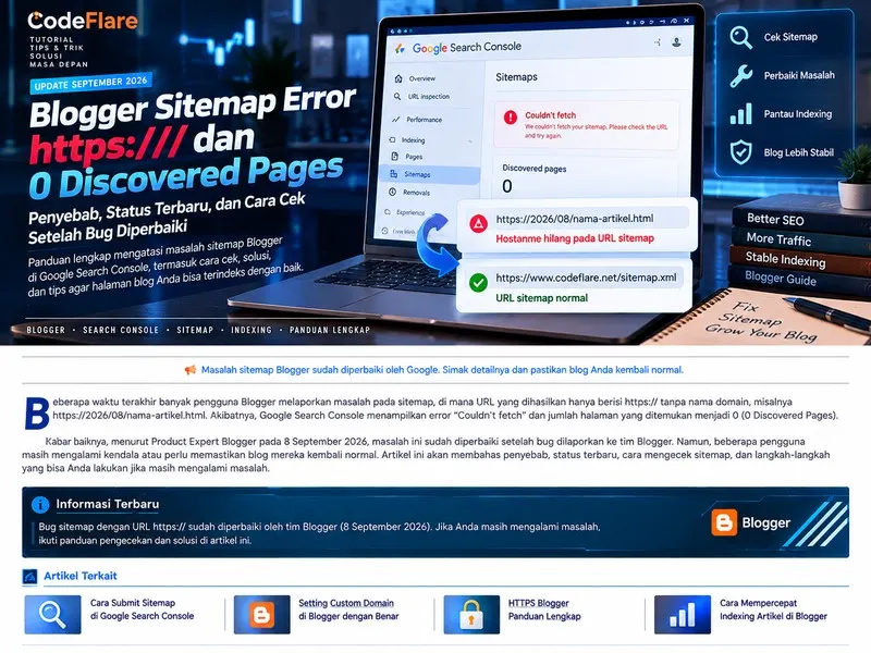 Perbandingan URL sitemap Blogger hostname hilang dan sitemap normal