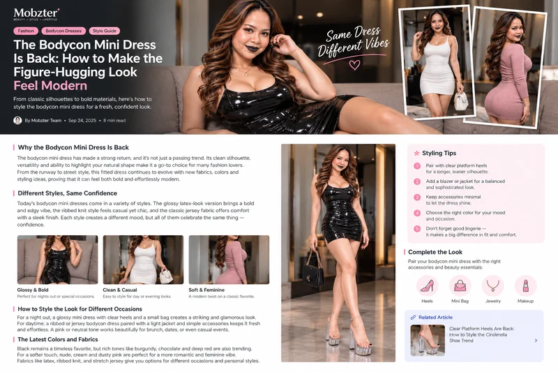 Bodycon mini dress outfit layout with glossy black and soft pink styles