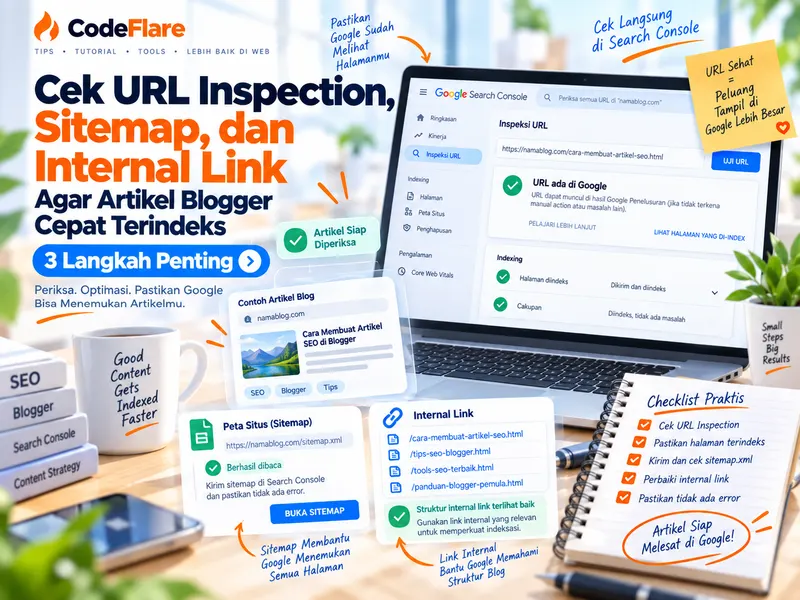 Cek URL Inspection sitemap dan internal link agar artikel Blogger cepat ditemukan