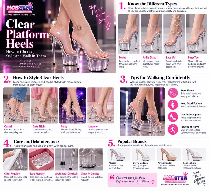 Clear platform heels styling walking and care infographic focused on adult legs and feet