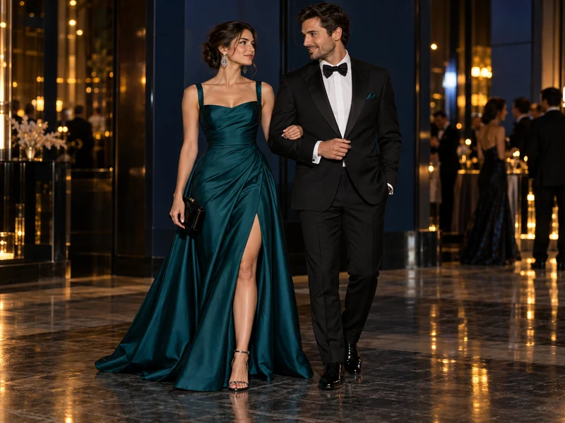 Deep teal gown styled for a black-tie gala