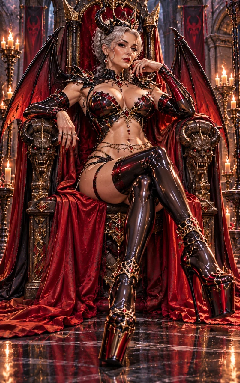 Silver-haired demon queen in a crimson-lit hall wearing an elaborate jeweled crown