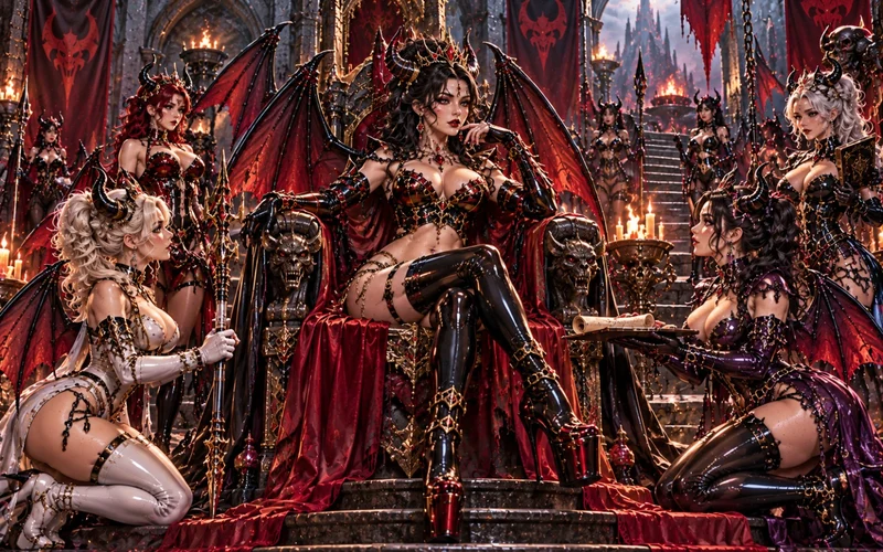 Demon queen seated on a grand gothic throne amid her winged royal guard
