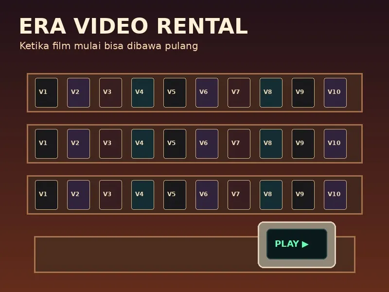 Ilustrasi era video rental dan rak kaset VHS