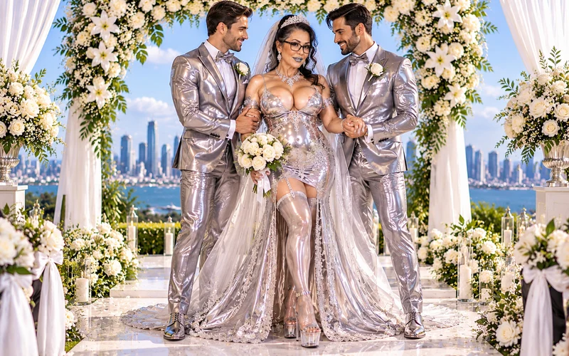 Evelyn in a chrome-silver bridal gown and tiara celebrating an outdoor symbolic wedding ceremony with Daniel and Adrian