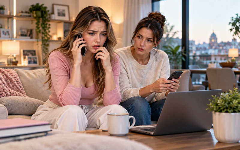 Family checking a suspicious phone call linked to an AI voice-cloning scam