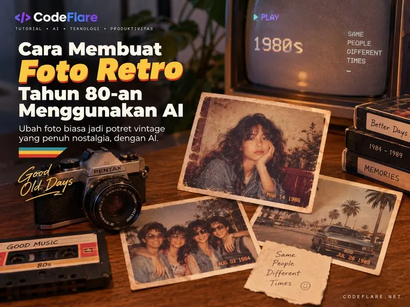 Contoh elemen foto retro 80-an kamera film kaset CRT dan foto cetak