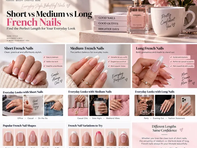 Visual guide comparing short medium and long French nails with everyday outfits