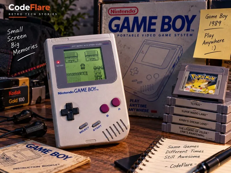 Game Boy 1989 dengan cartridge dan konsep play anywhere