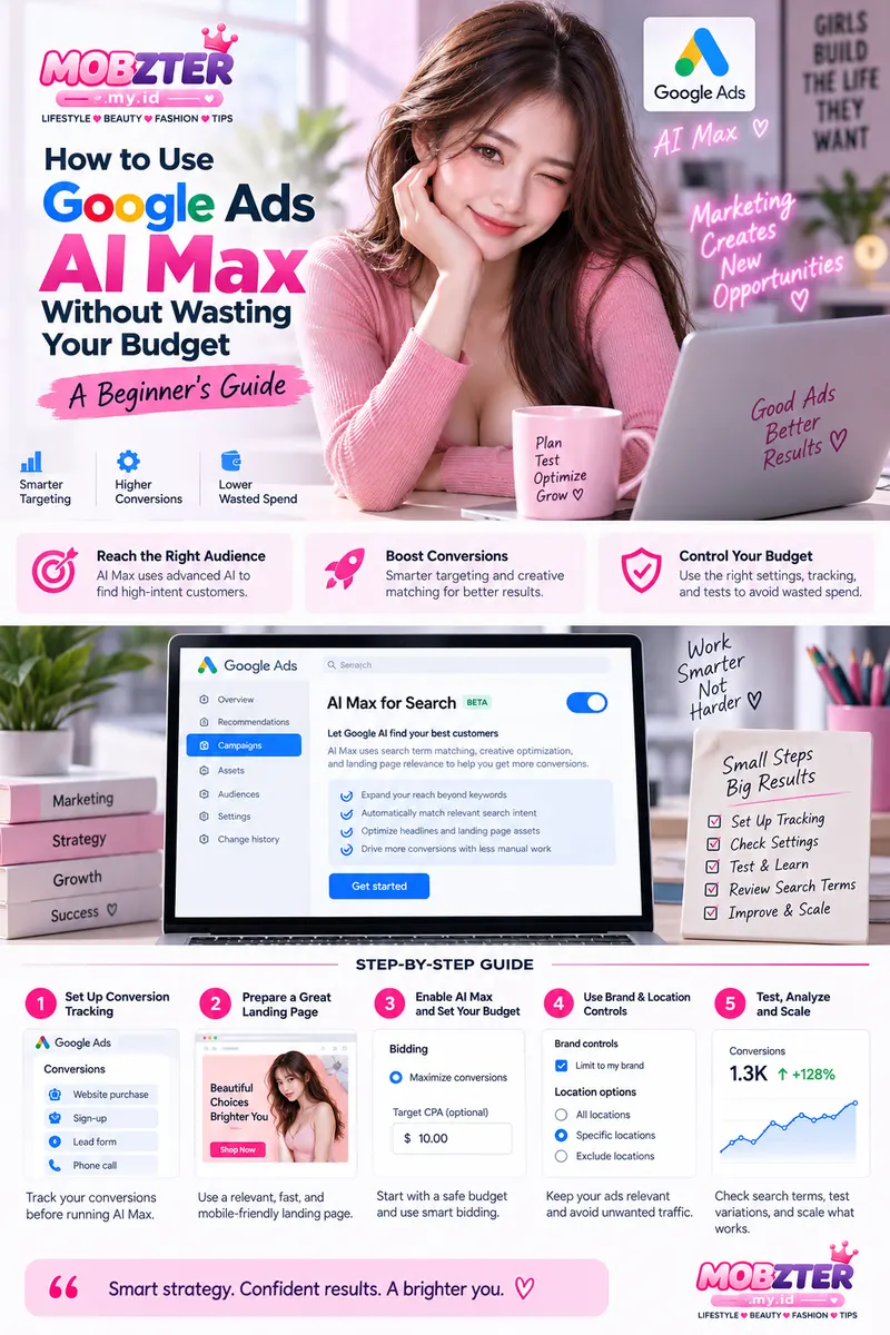 Google Ads AI Max beginner workflow infographic showing tracking landing page budget controls and testing