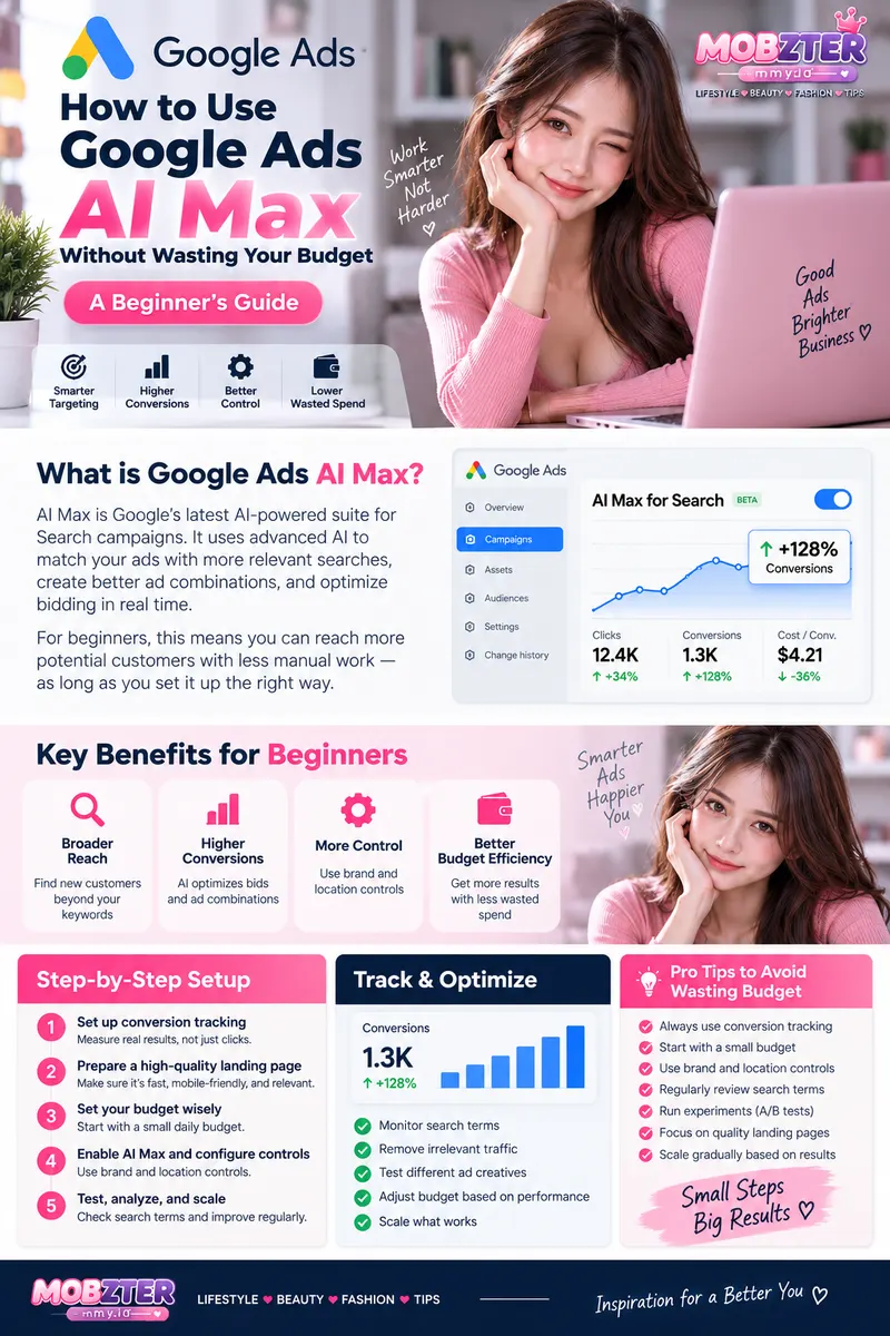 Google Ads AI Max infographic with beginner benefits campaign setup tracking and budget optimization tips