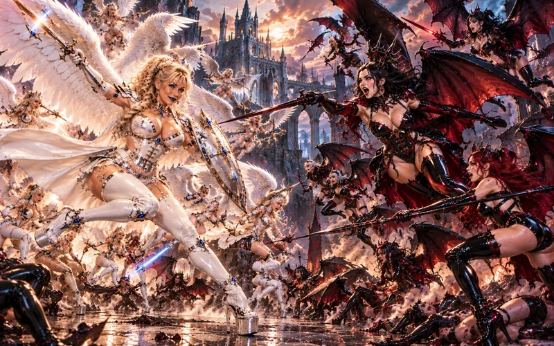 Winged angel and demon queens lead their armies into an epic battle at the ruined citadel
