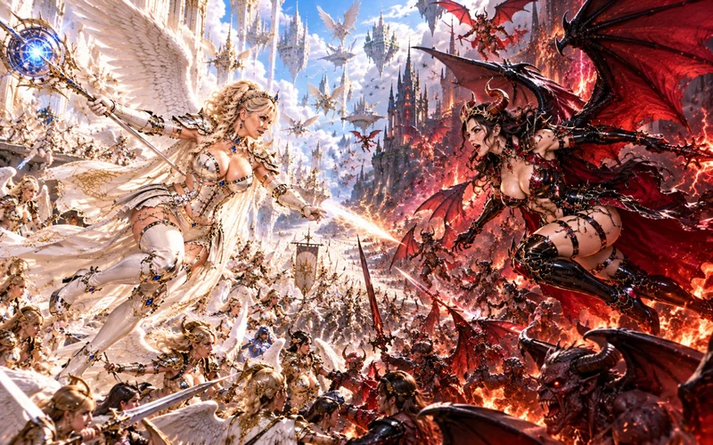 Angel queen and demon queen lead opposing armies into a dramatic magical battle