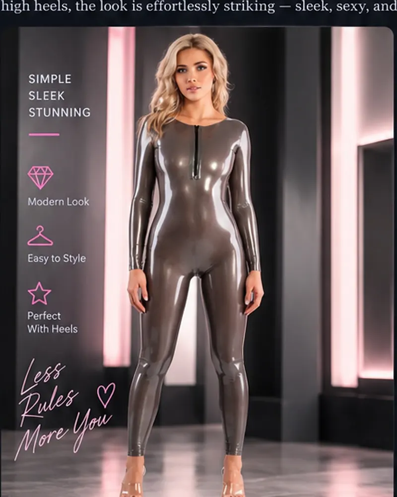 Gray latex catsuit styled with clear platform high heels, Mobzter fashion editorial