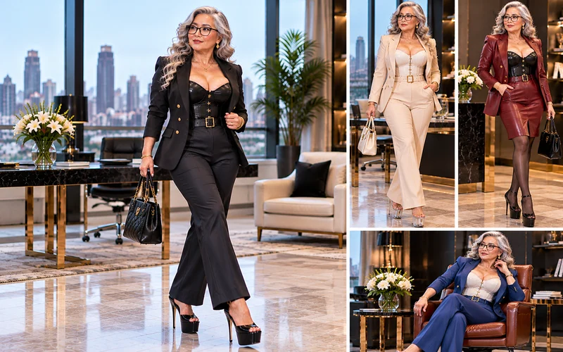 Four tailored blazer outfit ideas in black, ivory, burgundy and navy, styled with platform heels