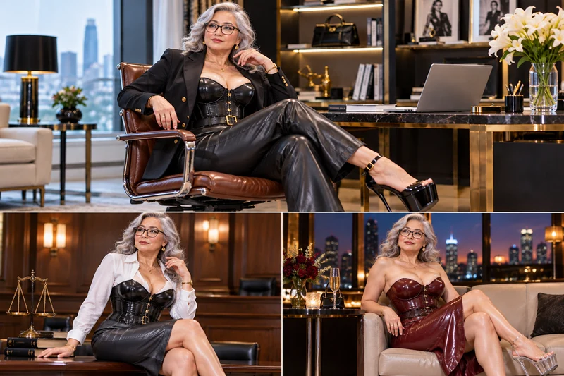 Fashion editorial combining structured office corset styling and burgundy evening dress