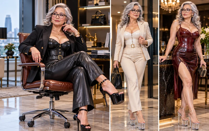 Three mature fashion styling looks including tailored cream power suit and evening corset-inspired outfit