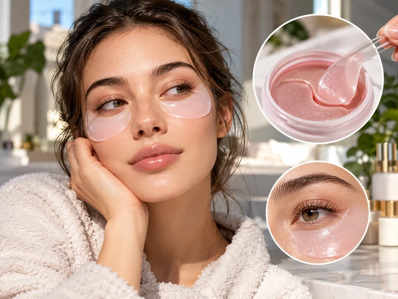 Close-up view of hydrogel under-eye patches and skincare jar