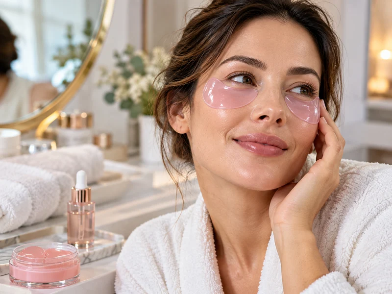 Woman wearing pink PDRN-style hydrogel eye patches during a skincare routine