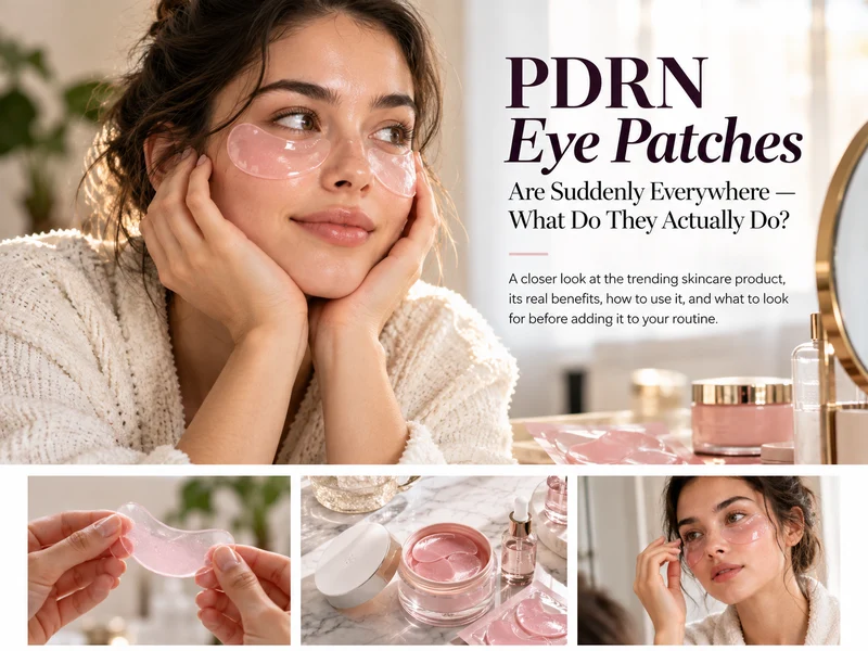 Editorial skincare scene featuring pink under-eye patches and beauty products