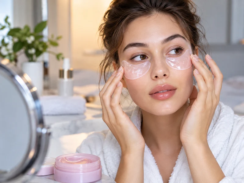Woman gently applying glossy hydrogel eye patches at a bathroom vanity