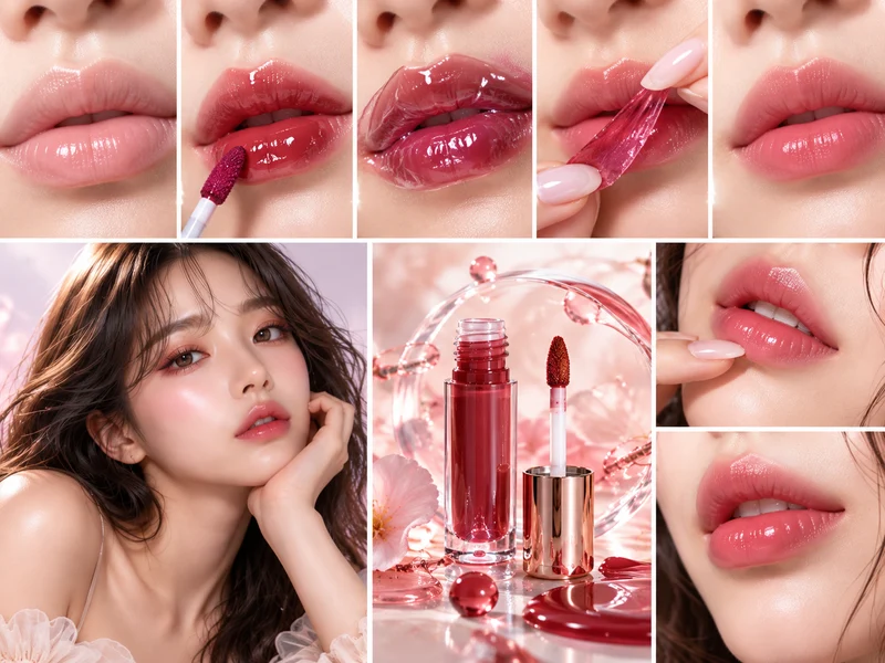 Step by step peel-off lip stain application and final color
