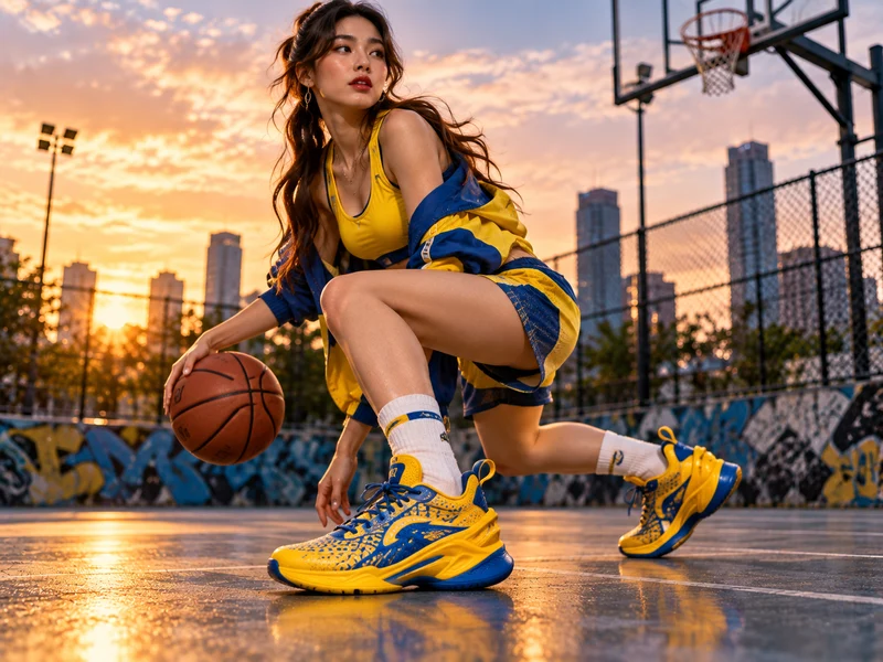 Model in yellow and blue basketball streetwear wearing Hali 1 Pace inspired sneakers