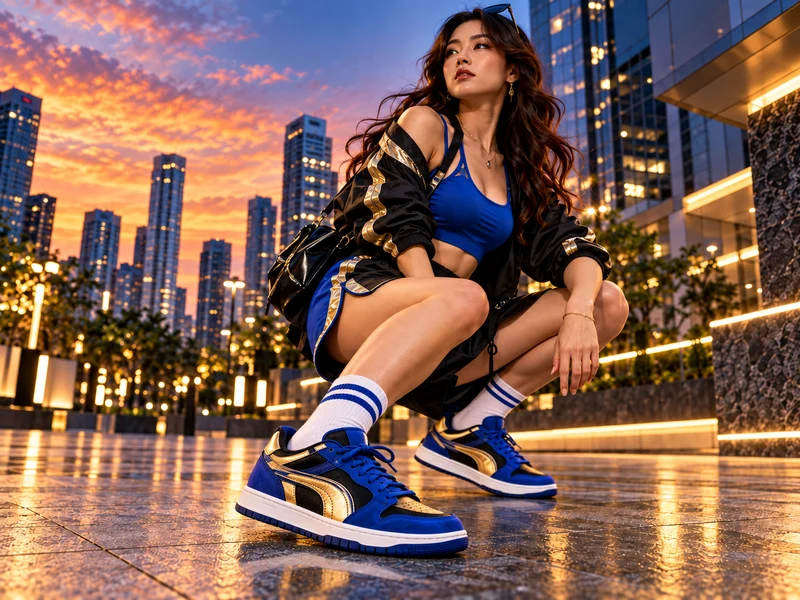 Model in sporty blue, black and gold fashion styling with Chun-Li inspired sneakers