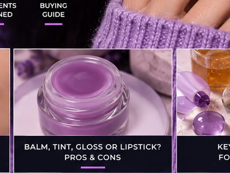 Purple lip balm tint gloss and lipstick comparison