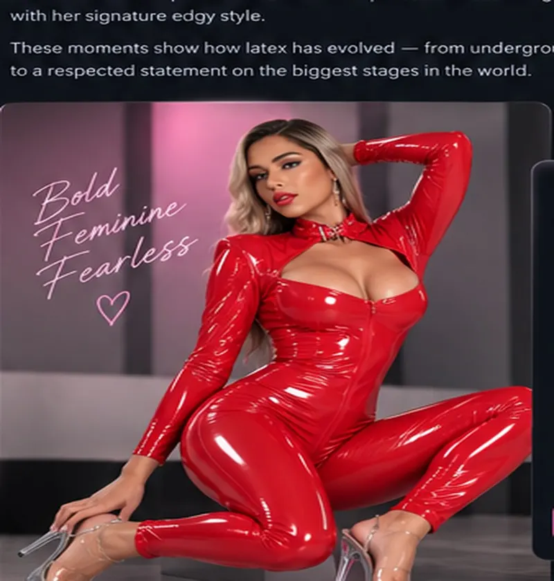 Red latex catsuit paired with clear platform heels, Mobzter fashion editorial