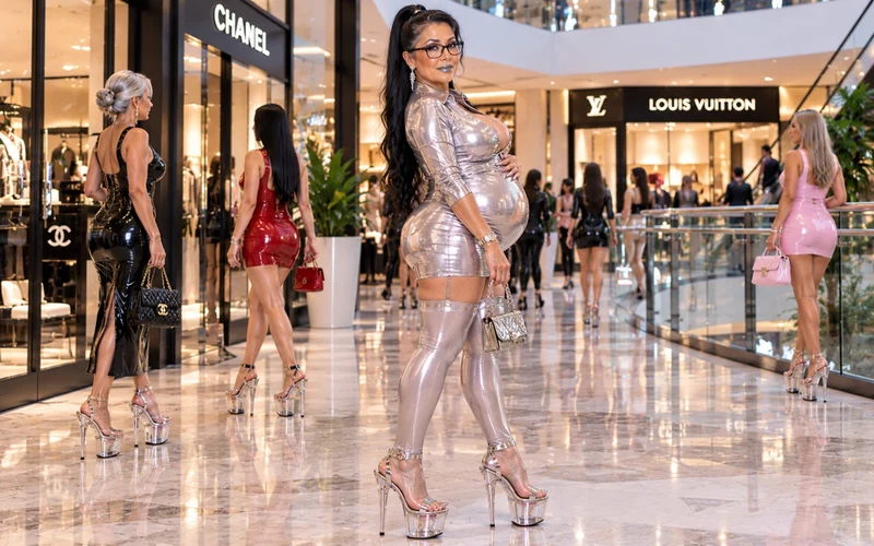 A confident mature woman in silver chrome fashion at a luxury shopping mall