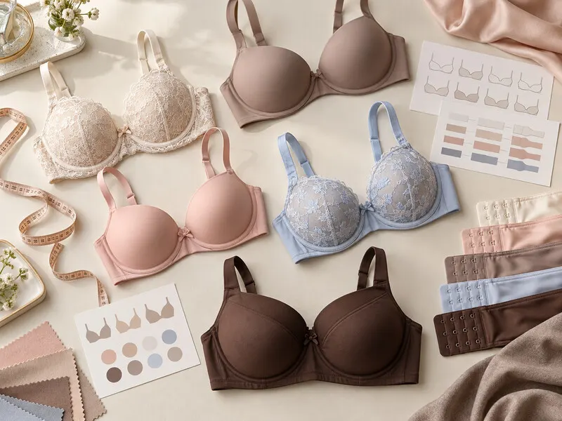 Editorial illustration showing varied lingerie sizes, fabrics and fit references