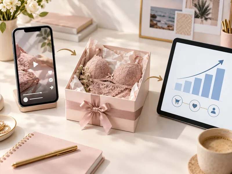 Stylized illustration of a lingerie brand connecting social media content with online sales