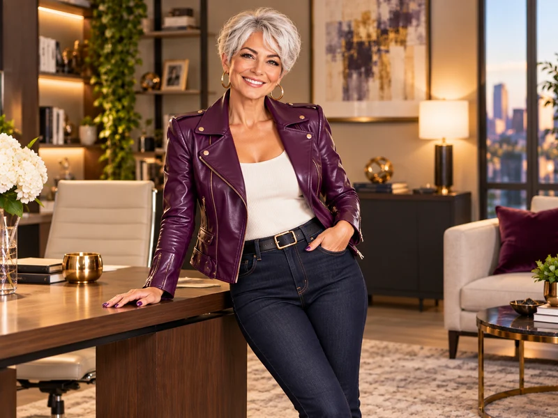 Textured silver pixie haircut with statement jacket