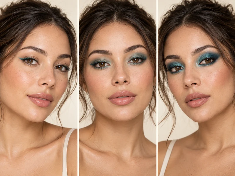 Three wearable levels of turquoise eye makeup from subtle liner to bold teal shadow
