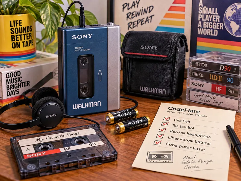 Still life retro Sony Walkman dengan kaset dan checklist saat membeli perangkat bekas
