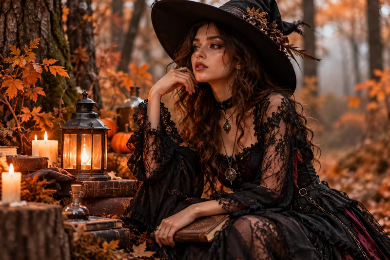 Witchcore Halloween fashion with black lace, velvet details, boots and silver jewelry